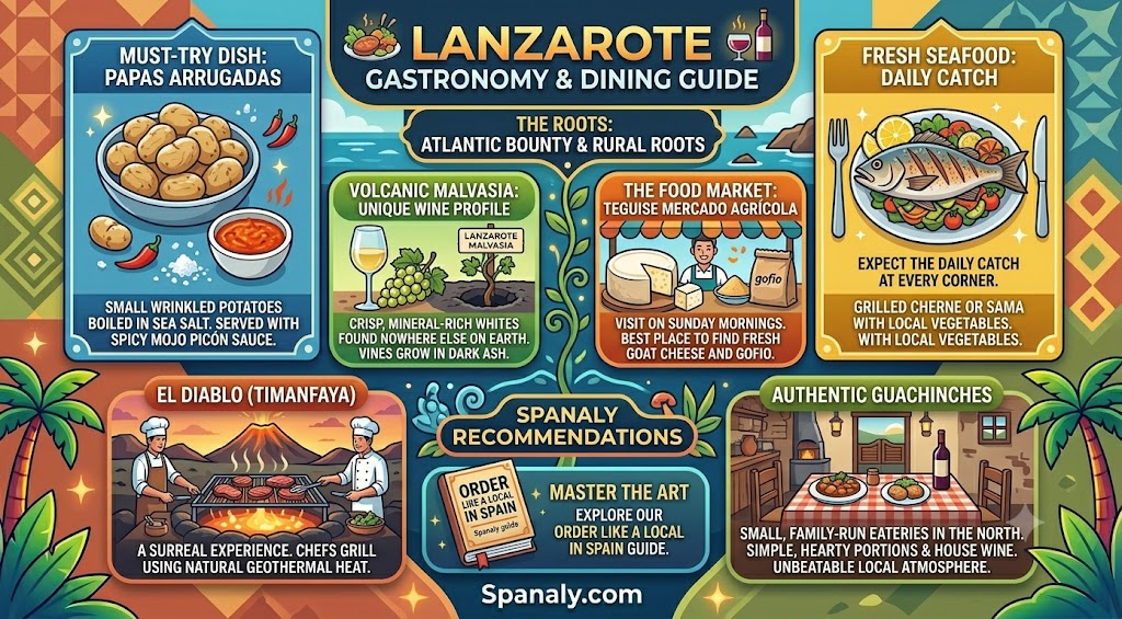Colorful infographic guide to Lanzarote gastronomy, highlighting traditional dishes like Papas Arrugadas, volcanic Malvasia wine, and authentic dining recommendations