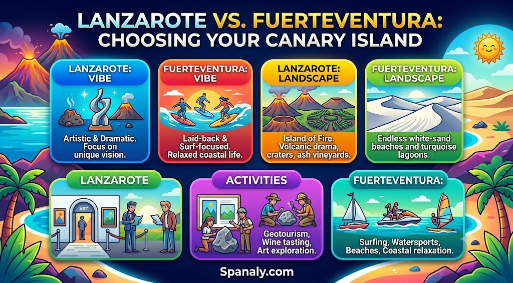 Colorful infographic comparing Lanzarote and Fuerteventura, highlighting key differences in landscape, artistic vibe, surfing activities, and beaches