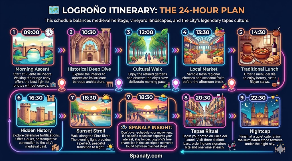 A colorful infographic itinerary for 24 hours in Logroño, featuring a timeline from morning at Puente de Piedra to evening tapas on Calle del Laurel.