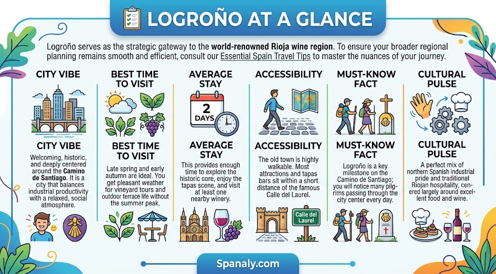 Infographic overview of Logroño, featuring travel tips, best time to visit, and city highlights for Rioja wine region visitors.