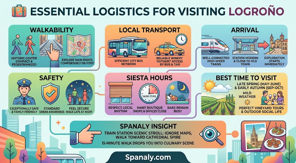 Infographic guide for visiting Logroño, covering walkability, local transport, safety, siesta hours, and essential travel logistics for Spain.