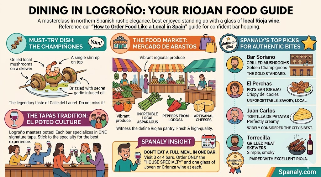 A colorful infographic about dining in Logroño, featuring details on champiñones skewers, the Mercado de Abastos, and authentic tapas picks.