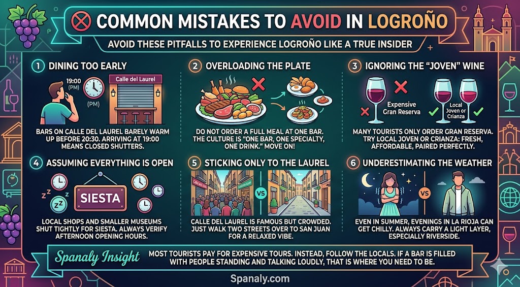 A colorful infographic in English titled 'Common Mistakes to Avoid in Logroño', detailing pitfalls like dining too early, overloading plates, and ignoring 'Joven' wine, all designed by Spanaly.com.