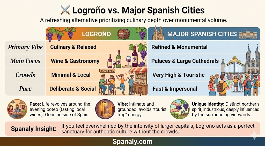Comparison infographic showing the differences between Logroño's culinary, relaxed lifestyle and the crowded, monumental atmosphere of major Spanish cities.