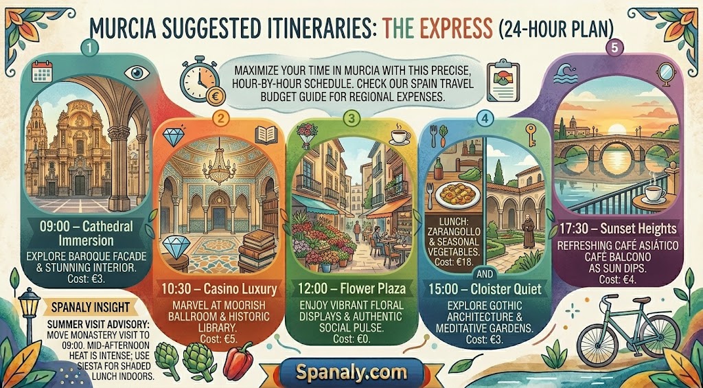 Infographic featuring a 24-hour express itinerary for Murcia, Spain, with an hour-by-hour schedule including sightseeing, local dining, and cultural highlights for travelers.