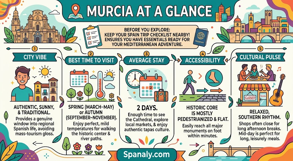 Infographic overview of Murcia, Spain, highlighting the best time to visit, city vibe, average stay duration, accessibility, and local cultural traditions for travelers.