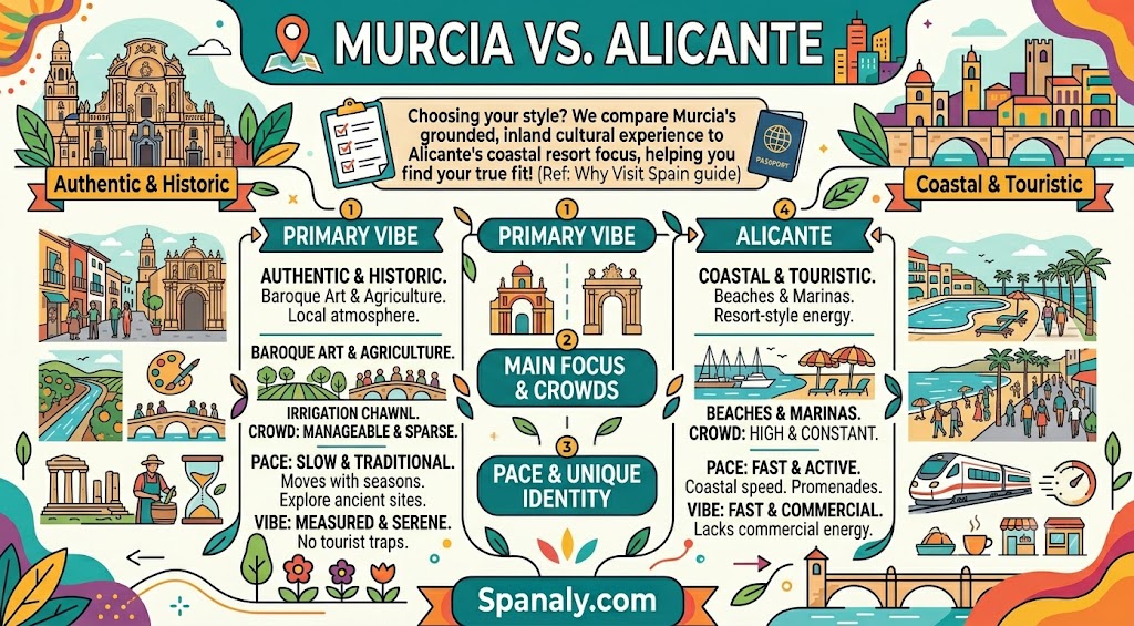 Infographic comparing the travel experiences of Murcia and Alicante, highlighting differences in vibe, tourism style, pace, and cultural identity for visitors in Spain.