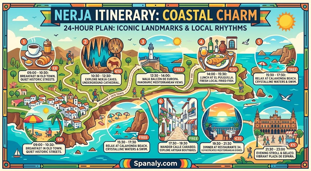 A detailed 24-hour itinerary infographic for Nerja, Spain, featuring top attractions, dining recommendations, and a perfect schedule for exploring the town’s coastal charm.