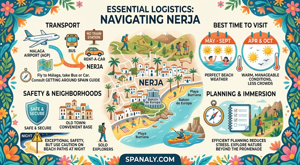 An infographic travel guide for navigating Nerja, Spain, covering essential logistics like transport from Málaga, safety tips, and the best times to visit for ideal weather.