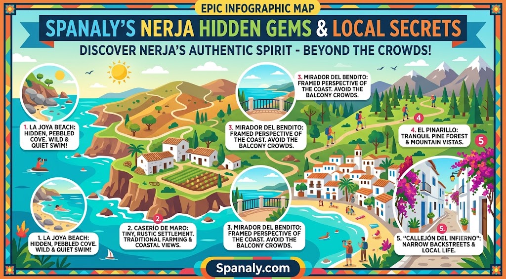 An infographic map revealing hidden gems in Nerja, Spain, such as La Joya Beach, Caserío de Maro, and quiet viewpoints, perfect for travelers seeking an authentic local experience.