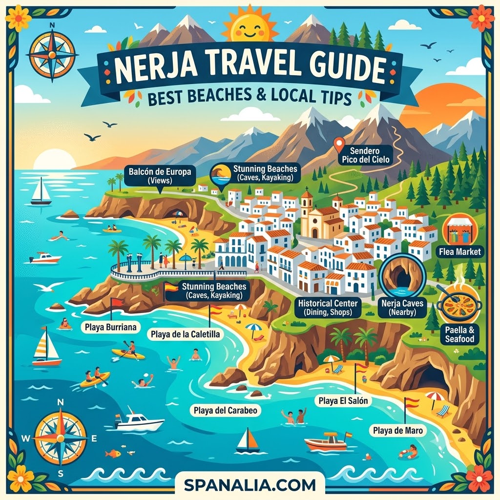 A colorful infographic map of Nerja, Spain, highlighting top beaches like Playa Burriana and local attractions for a complete travel guide.