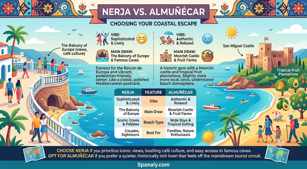 A comparison infographic between Nerja and Almuñécar, highlighting key differences in vibe, attractions, and beach types to help travelers choose their ideal Spanish coastal destination.