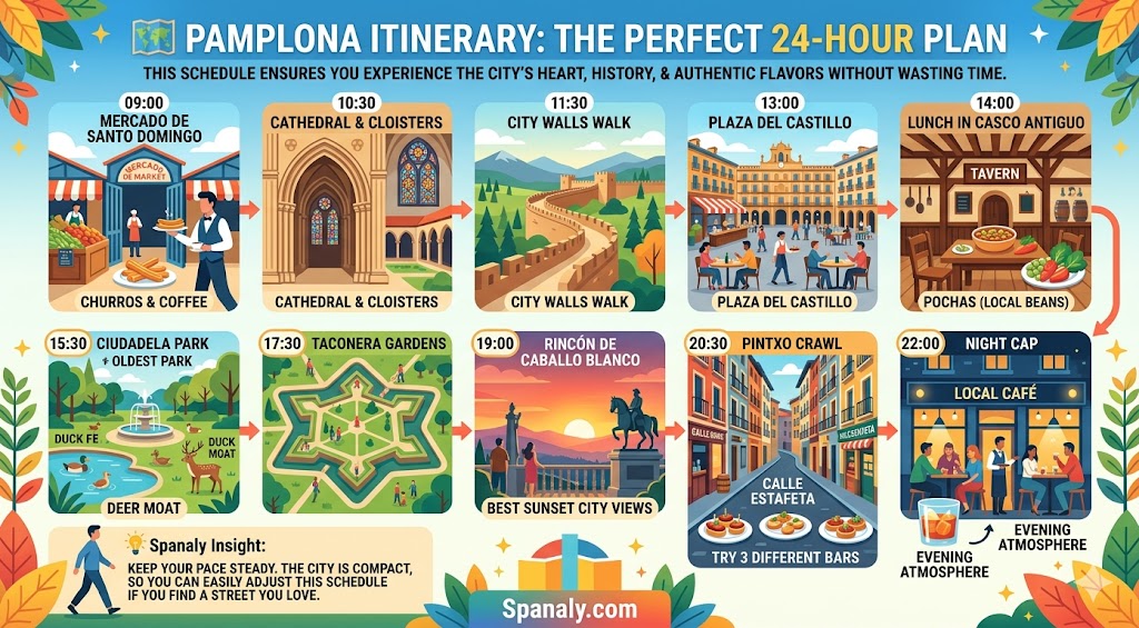 Infographic travel guide for a perfect 24-hour itinerary in Pamplona, Spain, featuring top attractions, dining tips, and a step-by-step schedule for visitors.