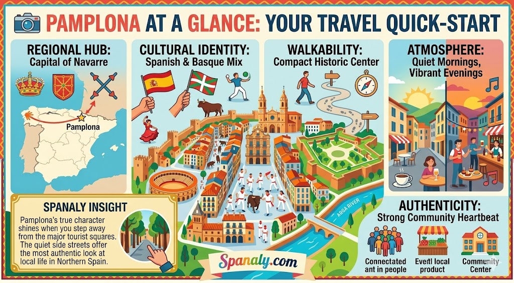 Infographic overview of Pamplona, highlighting its cultural identity, walkability, and authentic atmosphere as a key travel destination in Northern Spain.