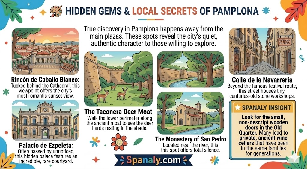 Infographic guide featuring hidden gems and local secrets in Pamplona, including Rincón de Caballo Blanco, Taconera deer moat, and historic medieval streets.