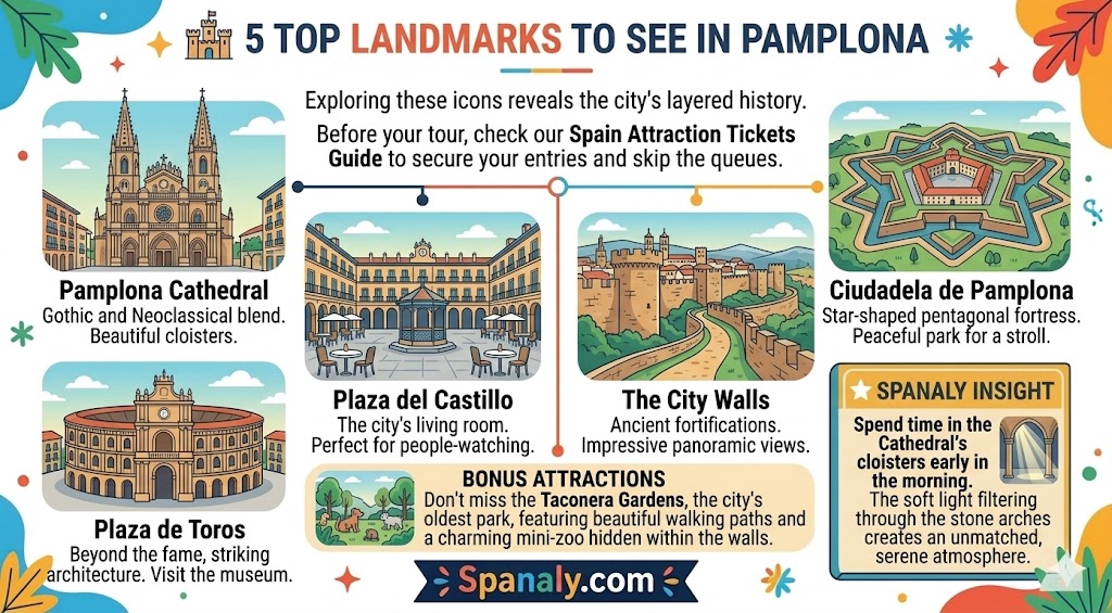 Infographic guide showing the top 5 landmarks to see in Pamplona, including the Cathedral, Ciudadela, Plaza del Castillo, City Walls, and Plaza de Toros.