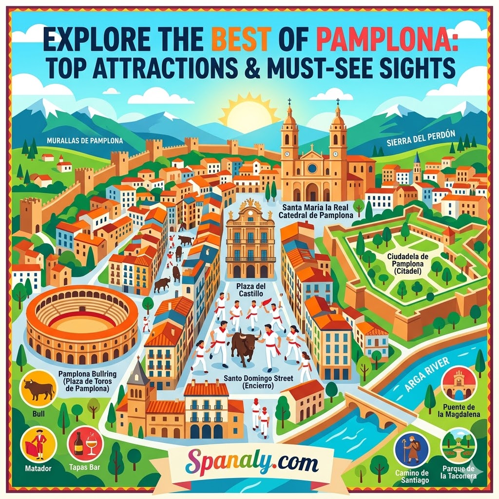 Vibrant illustration of Pamplona’s top attractions and sights, including the historic city center, bullring, and cathedral for a travel guide.