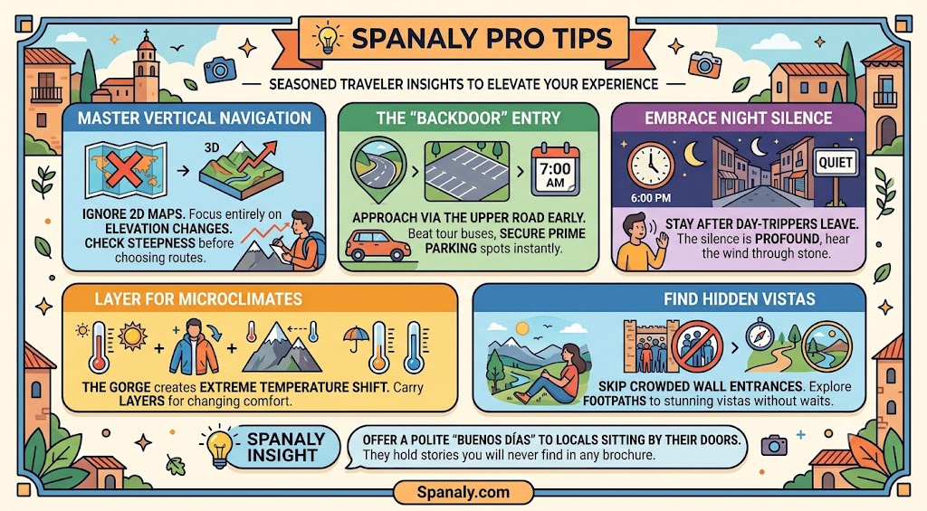 Expert travel infographic by Spanaly featuring professional tips for visiting Albarracín, including advice on navigation, timing, local culture, and discovering hidden viewpoints.