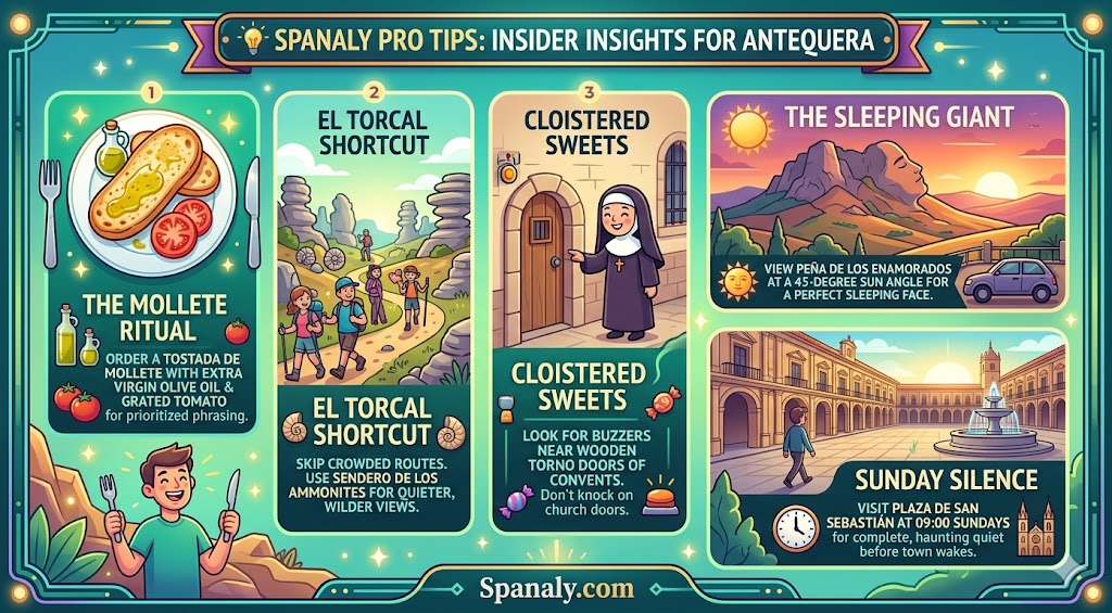 An infographic featuring expert Spanaly pro tips for exploring Antequera, Spain, including local food rituals, hiking shortcuts in El Torcal, and unique cultural experiences.