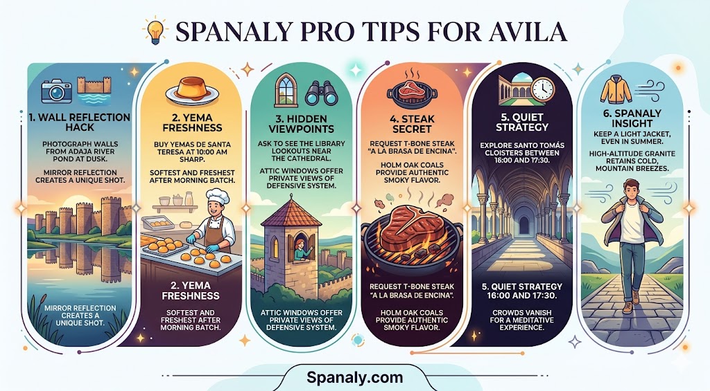 Infographic with expert travel tips for Avila, Spain, including photography hacks, local culinary advice, hidden viewpoints, and sightseeing strategies.