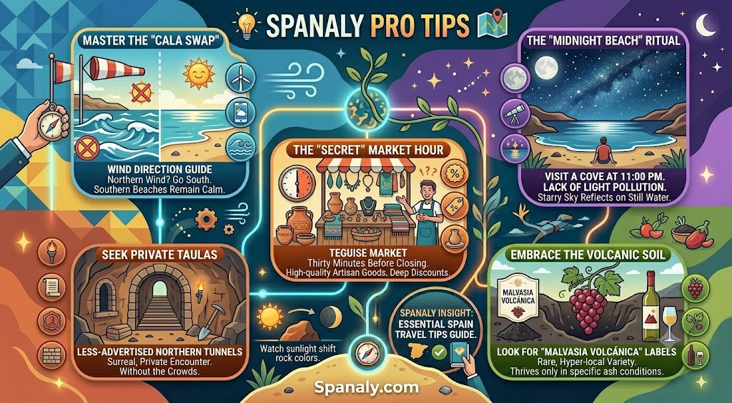 Colorful infographic guide outlining unconventional travel strategies and "Spanaly Pro Tips" for exploring Lanzarote beyond the typical tourist paths, including wind-based beach selection, secret market hours, and local volcanic wine.