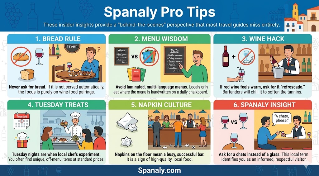 Infographic featuring Spanaly pro tips for visiting Logroño, including local etiquette like the bread rule, menu wisdom, and ordering a chato of wine.