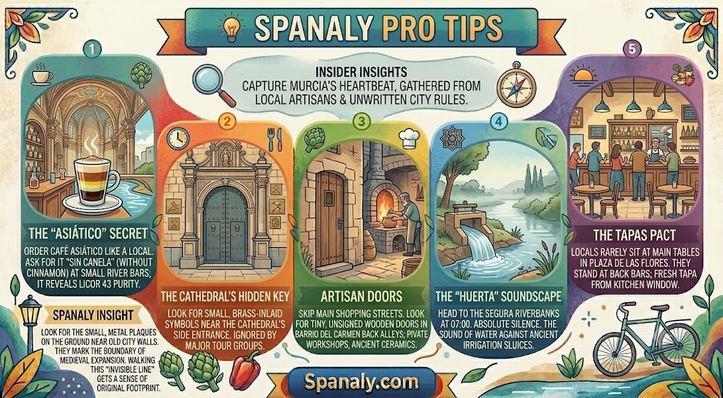 Infographic featuring expert travel tips for Murcia, Spain, including local secrets on coffee culture, hidden architectural details, and authentic tapas dining experiences.