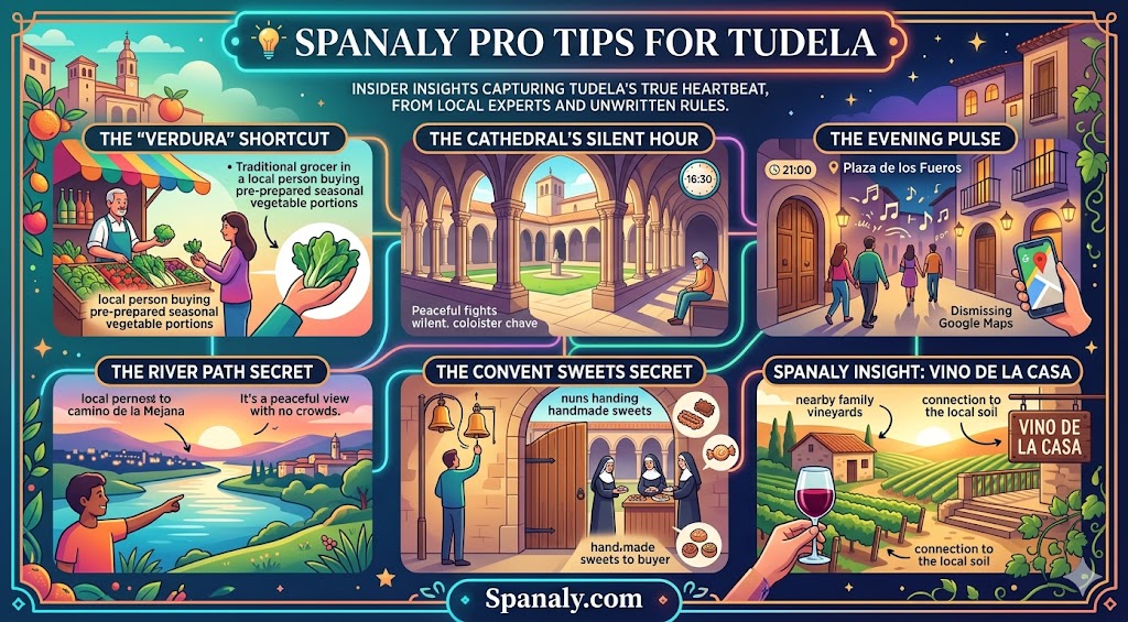 An infographic featuring insider travel tips for Tudela, Spain, including local vegetable secrets, cathedral visiting hours, authentic nightlife spots, and traditional sweets for a guide.
