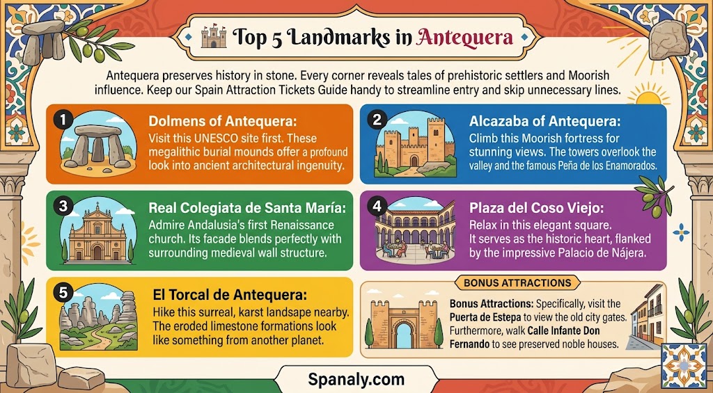 An infographic highlighting the top 5 landmarks in Antequera, Spain, including the Dolmens, Alcazaba, and El Torcal, for your travel itinerary.