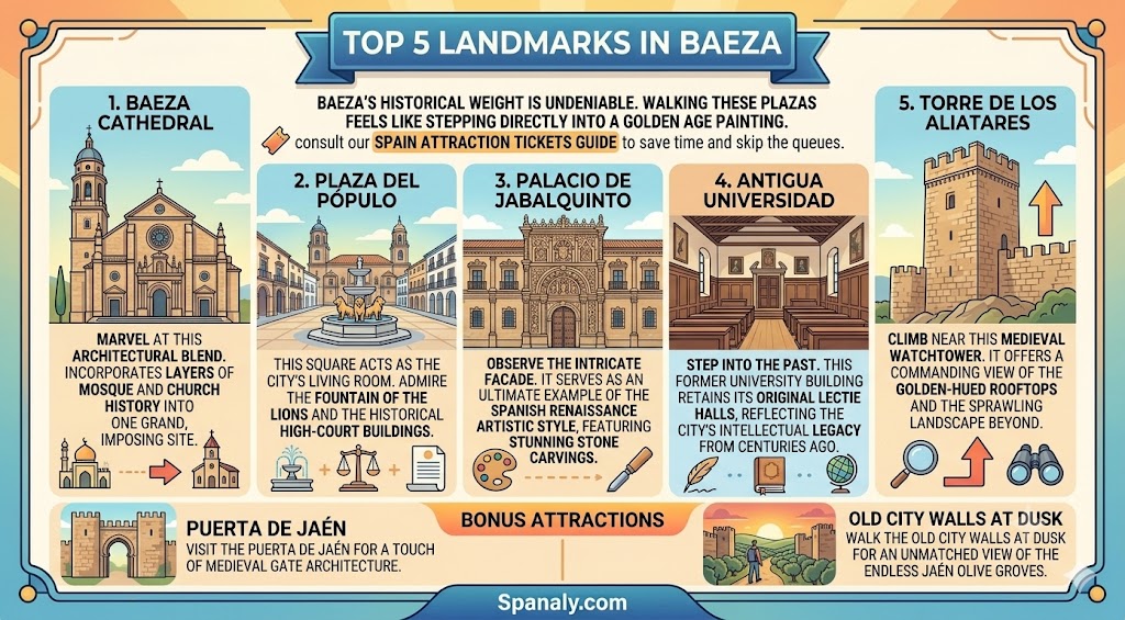 An infographic showcasing the top 5 must-visit historical landmarks in Baeza, Spain, including the Cathedral, Plaza del Pópulo, and other Renaissance sites for travelers.