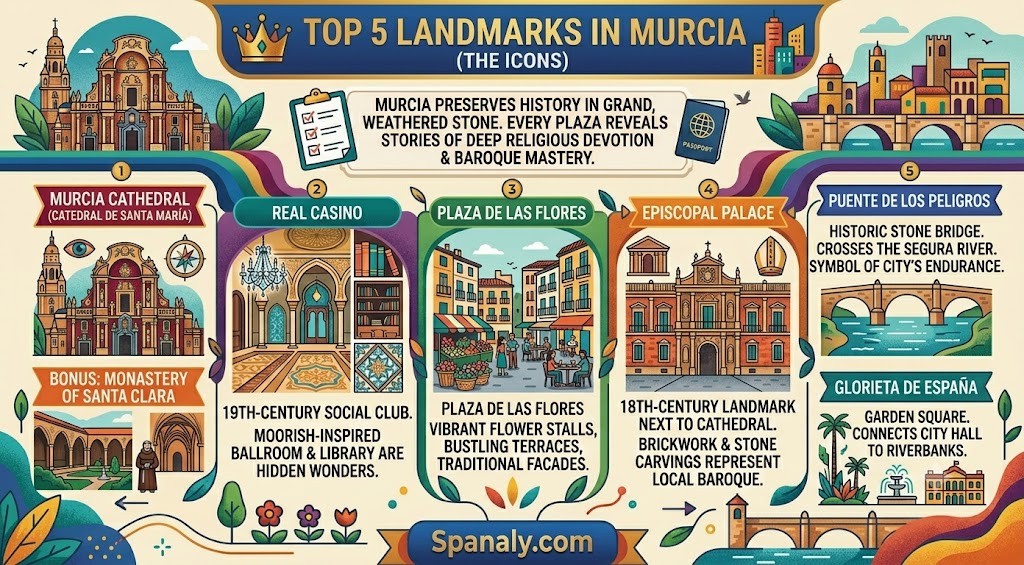 A colorful infographic showcasing the top 5 historic landmarks in Murcia, Spain, including the Cathedral, Real Casino, and Plaza de las Flores for tourists.