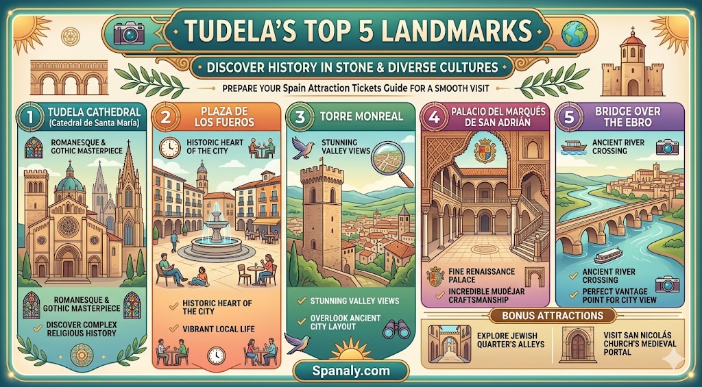 An infographic showcasing the top 5 landmarks in Tudela, Navarre, including the Cathedral, Plaza de los Fueros, and Torre Monreal for a travel guide.