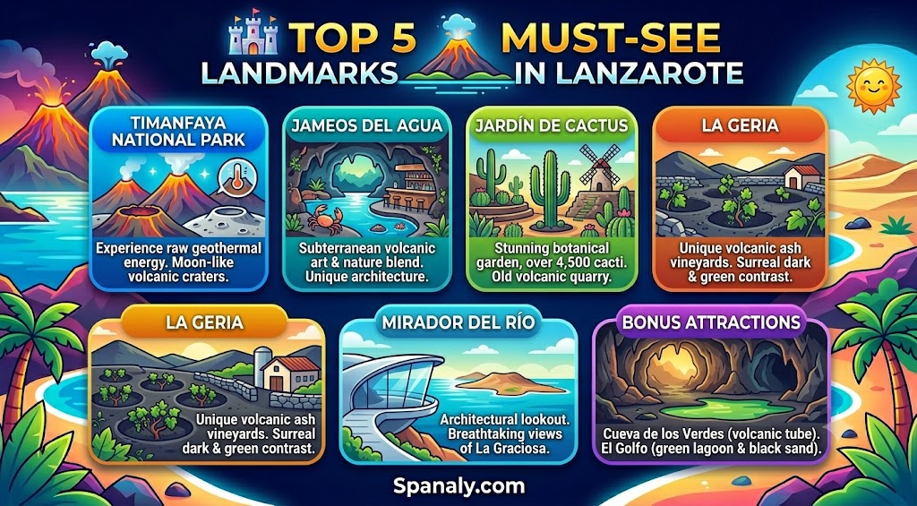 Colorful infographic showcasing the top 5 must-see landmarks in Lanzarote, including Timanfaya National Park, Jameos del Agua, and other essential volcanic sites