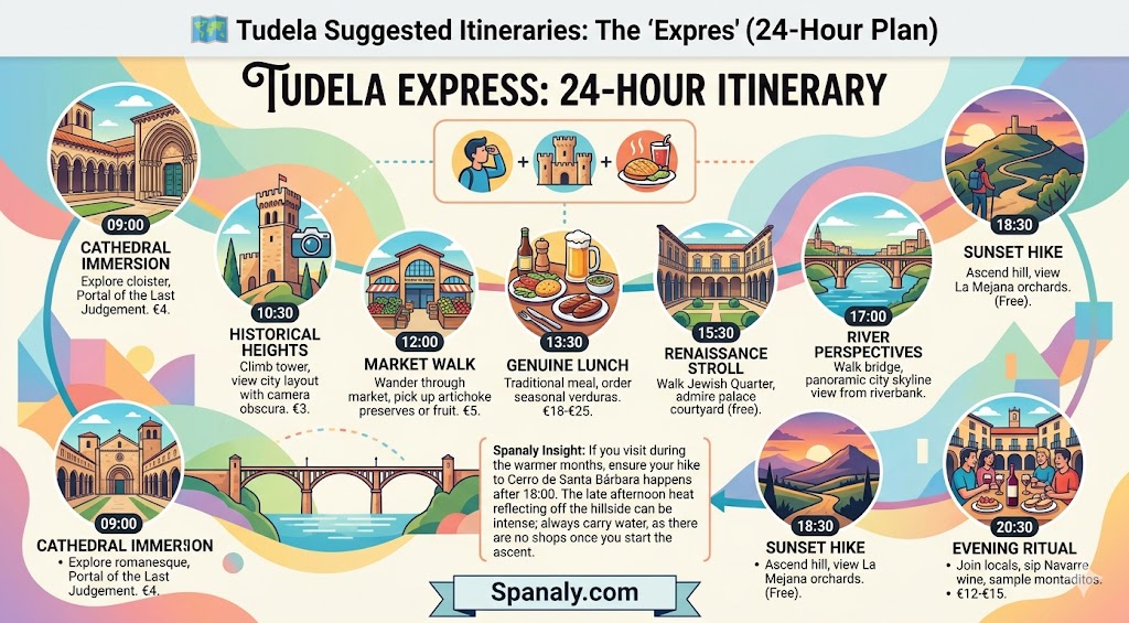 An infographic 24-hour itinerary for Tudela, Spain, detailing an hour-by-hour schedule of landmarks, dining, and sightseeing tips for a travel plan.