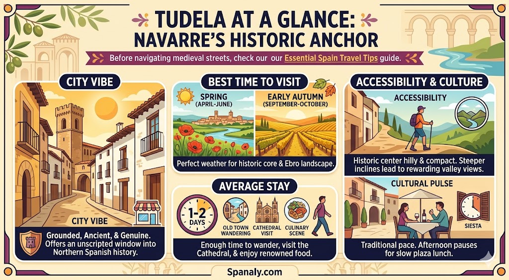 An infographic travel guide to Tudela, Navarre, featuring city vibes, best visit times, and local cultural tips for an authentic Northern Spain experience