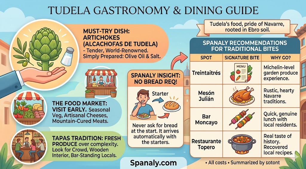 An infographic dining guide to Tudela, Navarre, highlighting must-try artichokes, traditional tapas culture, and top restaurant recommendations for a trip.