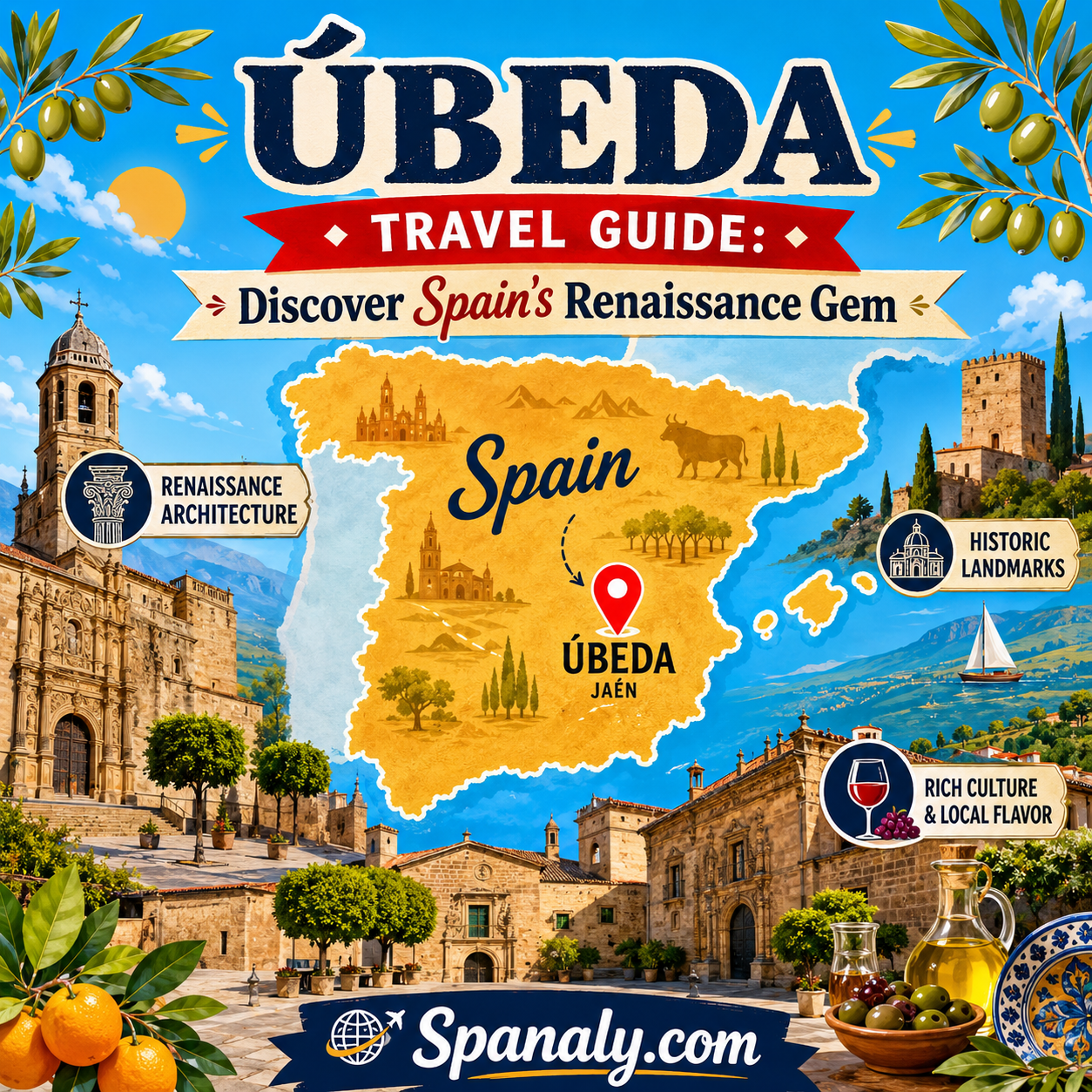 Colorful illustrated travel guide cover for Úbeda, Spain, featuring a map of Spain with Úbeda highlighted, Renaissance architecture, historic plazas, olive groves, and iconic landmarks of Andalusia in a vibrant flat vector style.