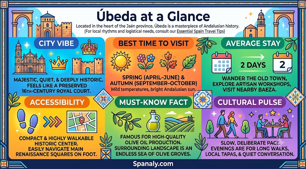 Infographic summarizing Úbeda travel tips, including best time to visit, city vibe, and accessibility in the heart of Jaén, Spain.