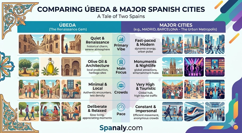 Comparison infographic between Úbeda and major Spanish cities highlighting differences in pace, crowds, and travel experience.