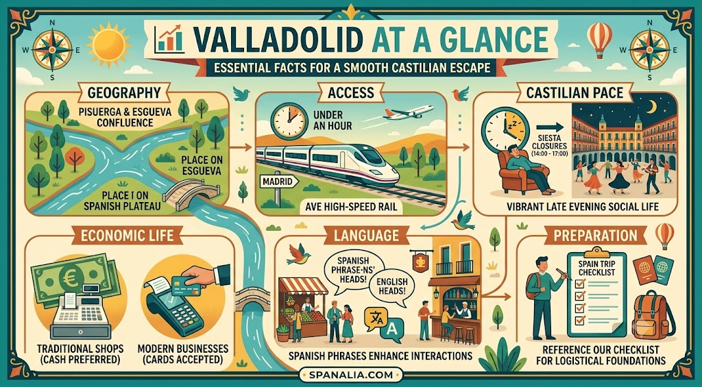 A colorful infographic summarizing essential facts about Valladolid, Spain, including geography, AVE train access, local pace, currency, and language tips for travelers.