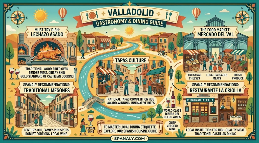 A colorful infographic guide to Valladolid's gastronomy, featuring traditional Lechazo Asado, local tapas culture, the Mercado del Val food market, and recommended dining spots for travelers.