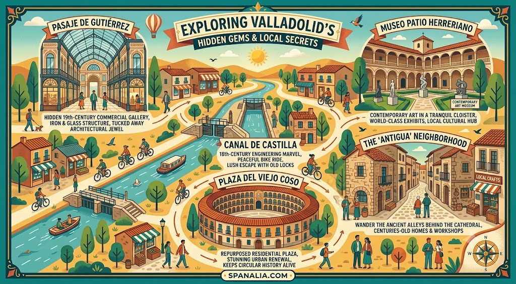 An illustrative infographic highlighting hidden gems in Valladolid, including Pasaje de Gutiérrez, Museo Patio Herreriano, the Antigua neighborhood, Plaza del Viejo Coso, and the Canal de Castilla for travelers.