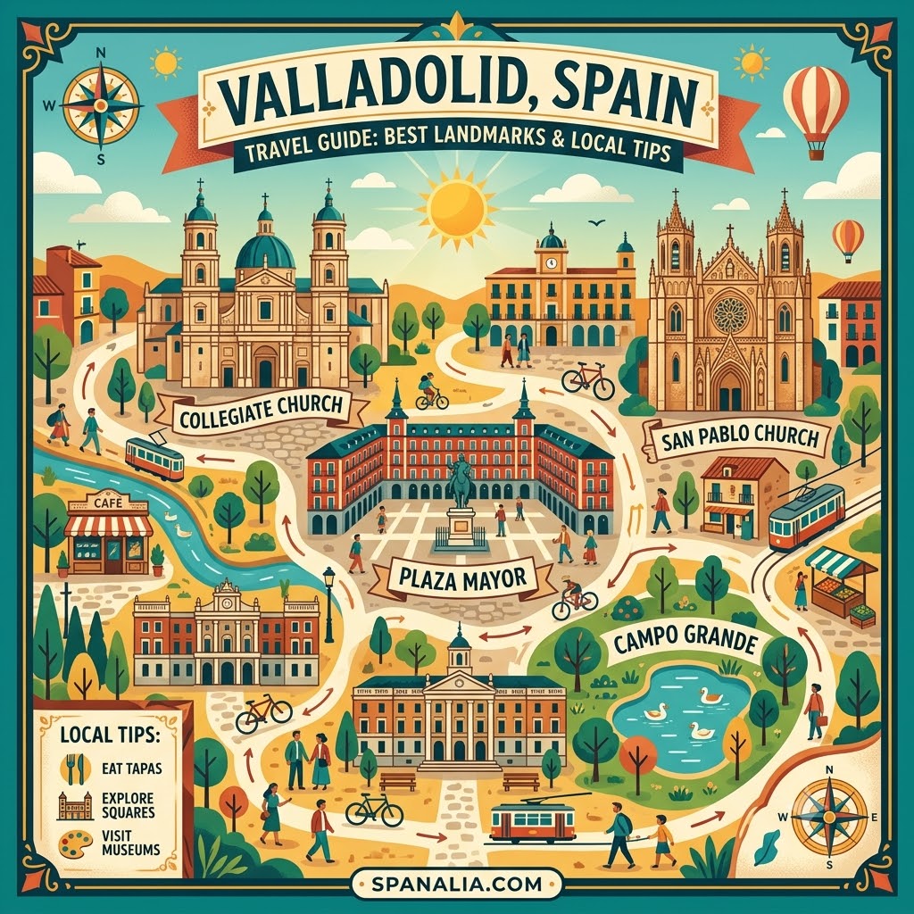 An illustrative epic infographic map of Valladolid, Spain, highlighting iconic landmarks and local travel tips for tourists planning a 2026 visit.