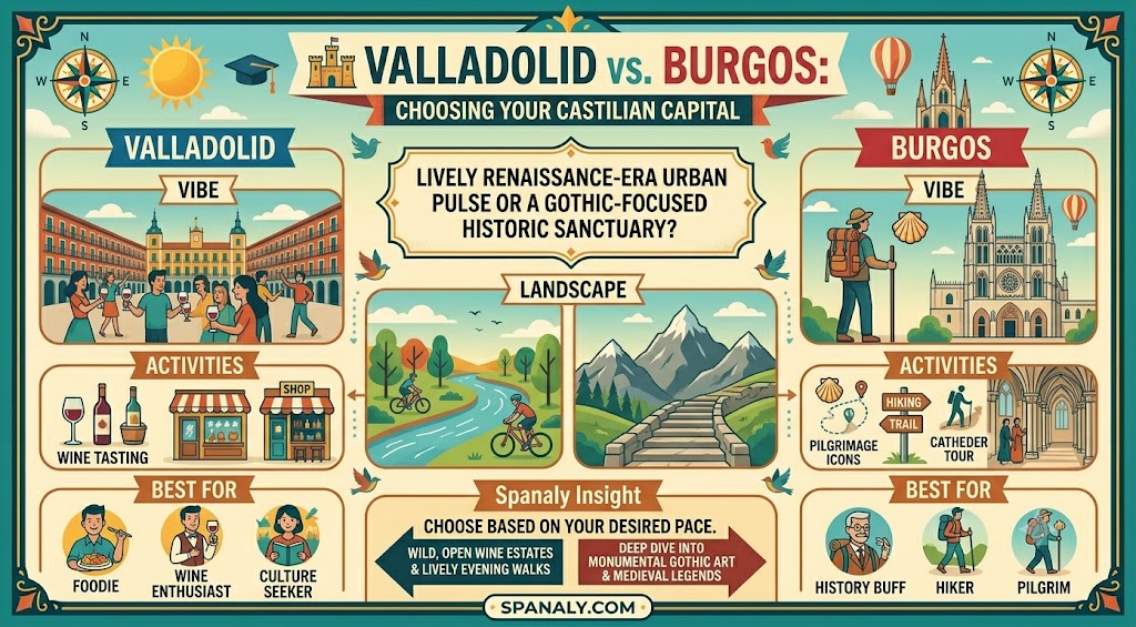 A colorful infographic comparing Valladolid and Burgos, highlighting key differences in vibe, landscape, and activities to help travelers choose their ideal Castilian destination.