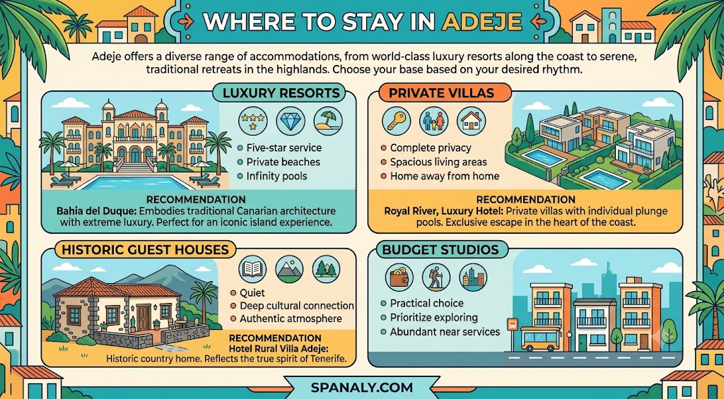 A colorful infographic guide for choosing accommodation in Adeje, Tenerife, showcasing luxury resorts, private villas, historic guest houses, and budget studios with specific recommendations.