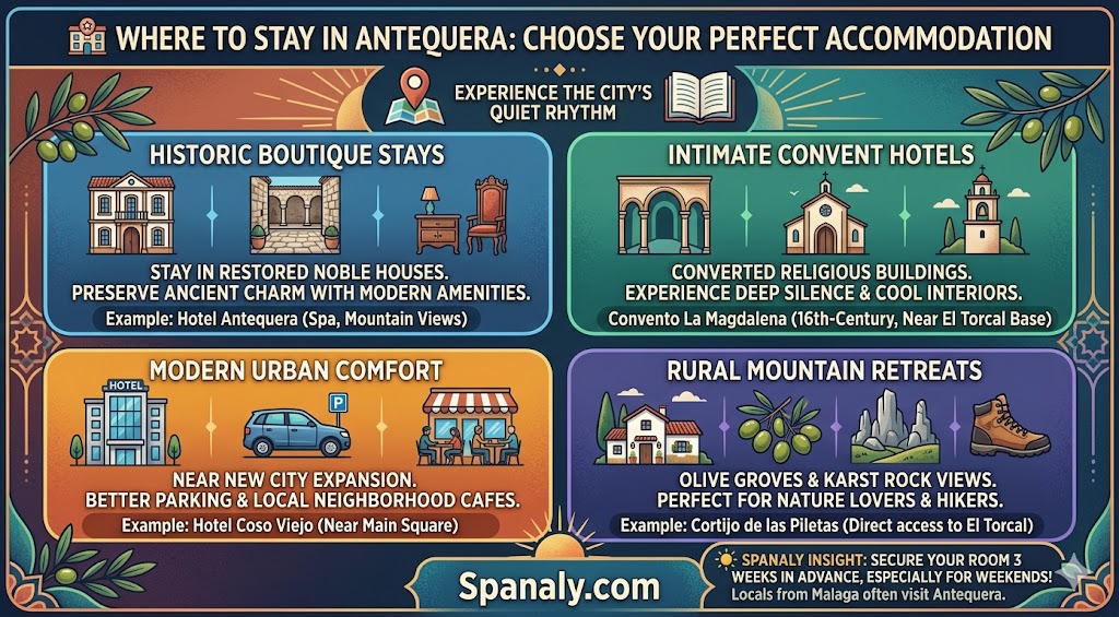 An infographic guide to the best accommodation options in Antequera, Spain, featuring boutique, convent, urban, and rural mountain hotels for your trip.