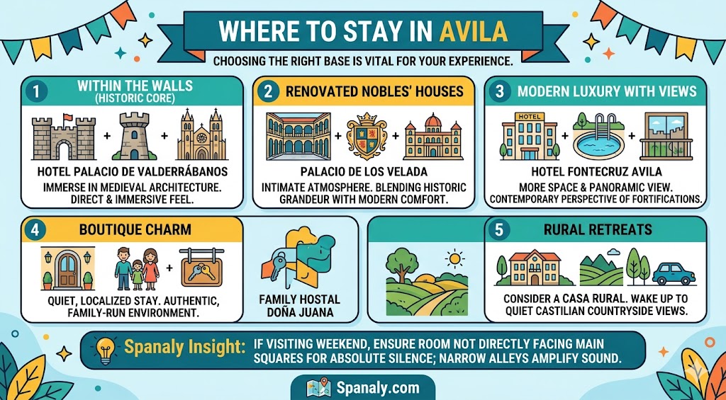 Infographic guide on where to stay in Avila, Spain, featuring recommendations for historic hotels within the walls, boutique guesthouses, and rural retreats for a perfect visit.