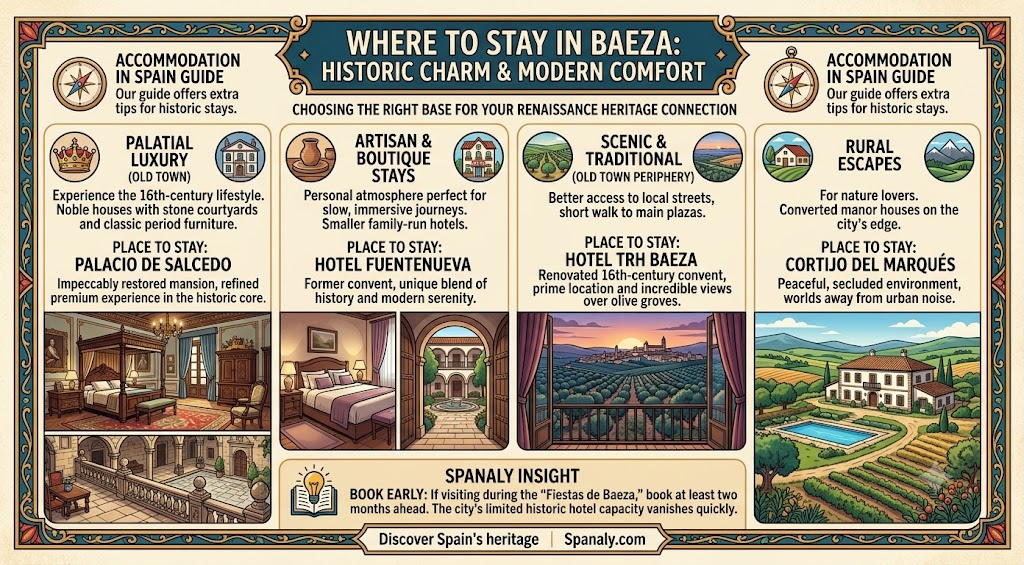 A colorful travel infographic showcasing the best places to stay in Baeza, Spain, ranging from luxury palatial hotels to serene rural manor house escapes.