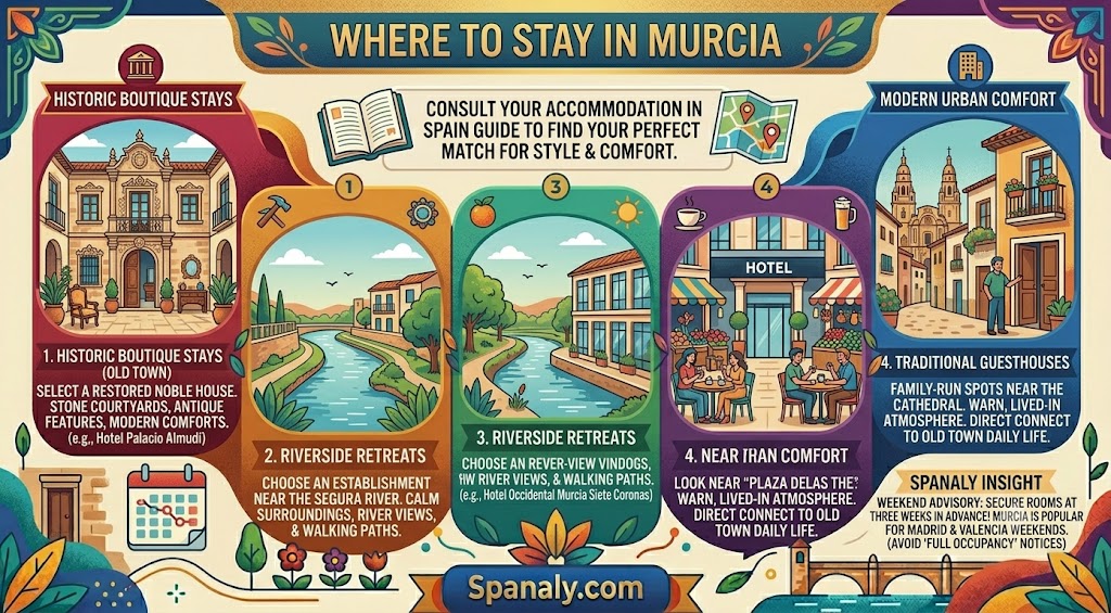 Infographic guide on where to stay in Murcia, Spain, highlighting historic boutique hotels, riverside retreats, and tips for booking accommodation in the city center.