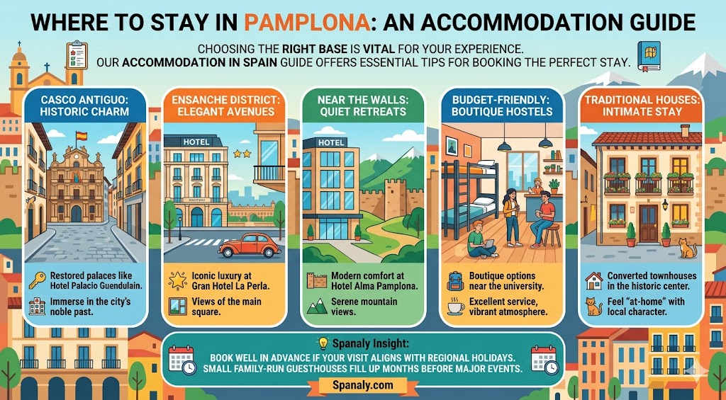 Infographic guide on where to stay in Pamplona, highlighting top districts like Casco Antiguo and Ensanche, boutique hotels, budget hostels, and traditional townhouses for travelers.